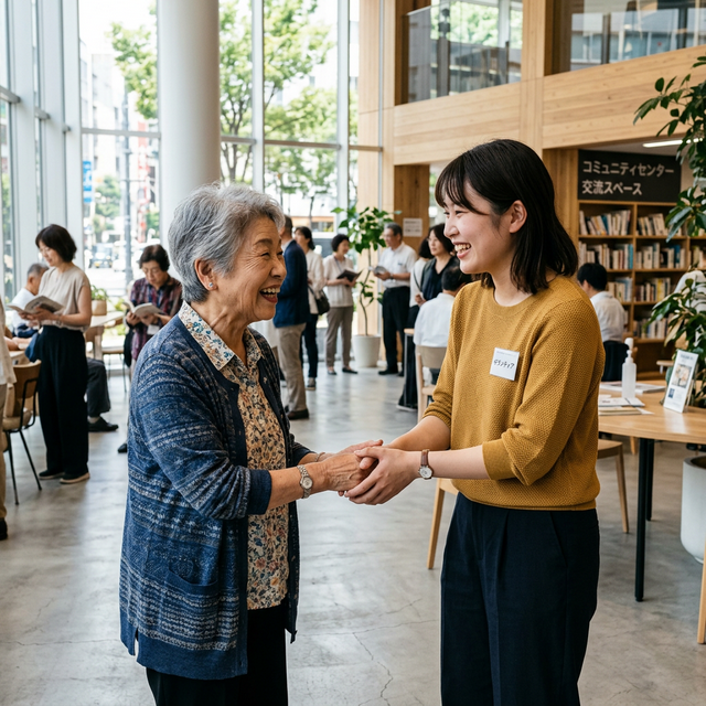地域の人々と交流し感謝される様子